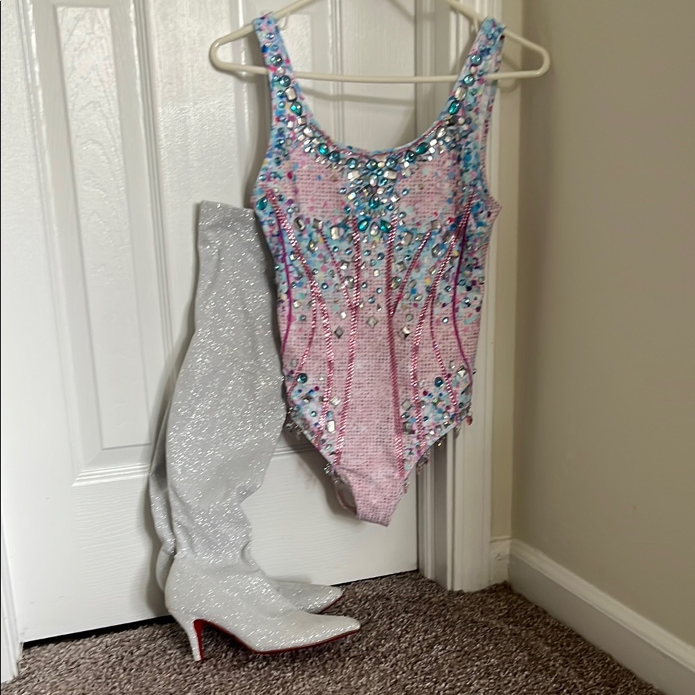 Taylor Swift Lover Eras Tour Costume Sparkling Bodysuit and Silver Boots Set